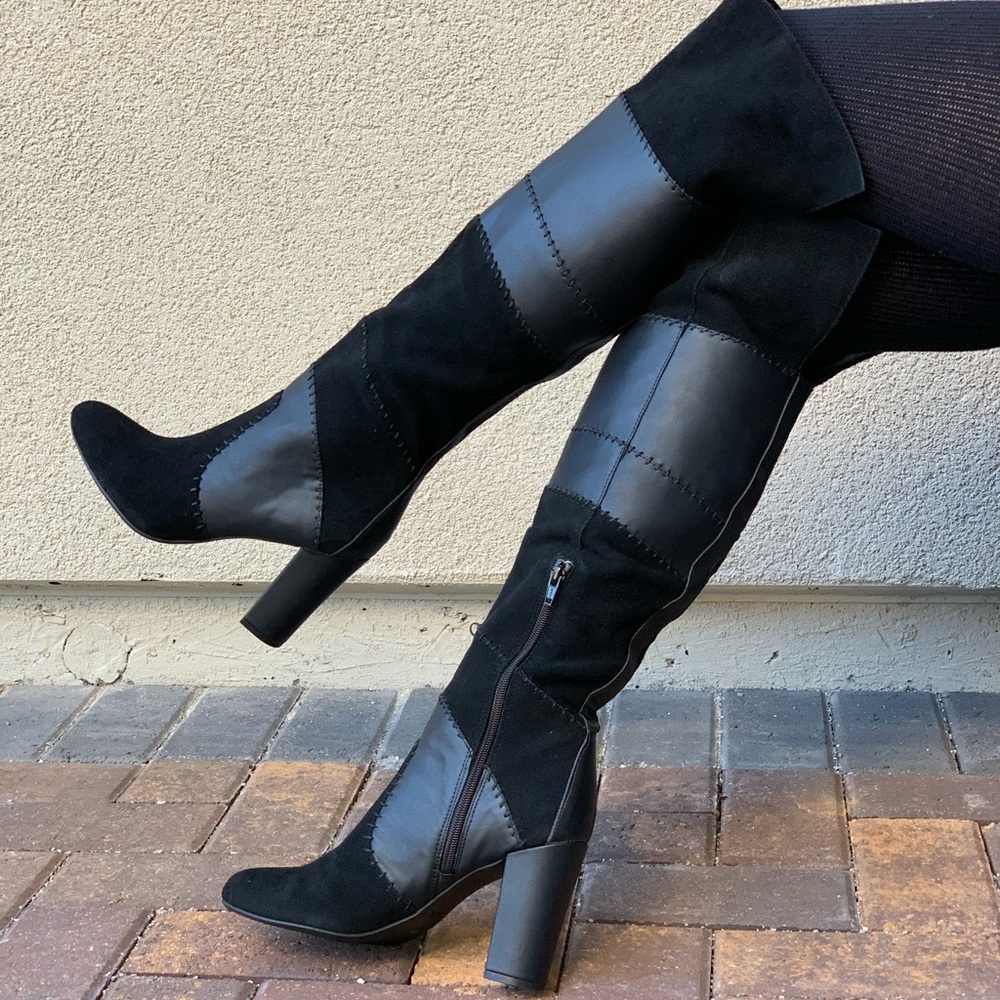 Quilt Patchwork Over The Knee Block Heel Boots - Picture 2 of 8